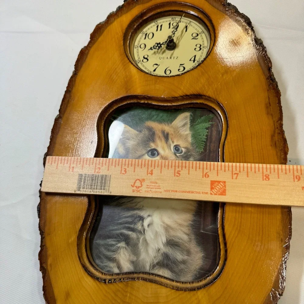 Vintage Live Edge‎ Wood Wall Clock Kitten Picture Frame Rustic Cabin Decor Brown